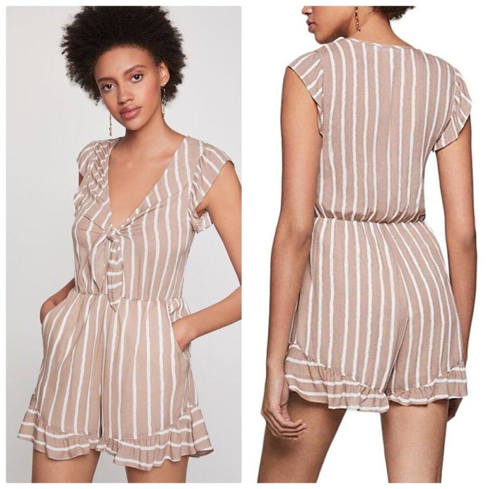 BCBG Nation Stripe Romper Beige Oatmeal